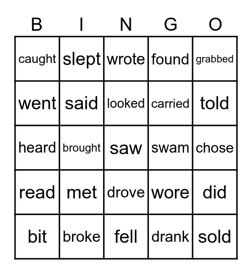 Verb Tense Bingo Card