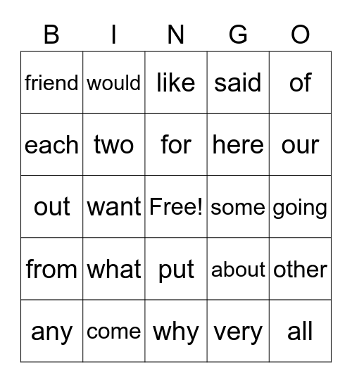 Trick Words Bingo Card