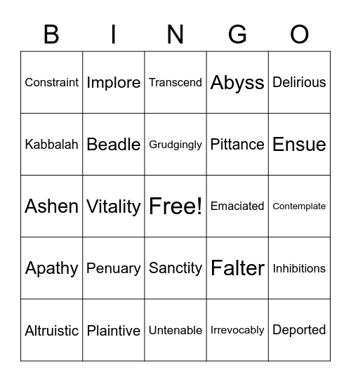 Night Vocabulary Bingo Card