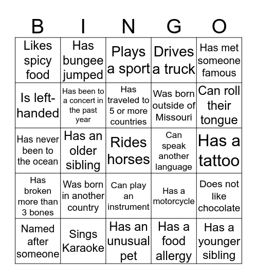 Getting to Know You Bingo - Find Someone Who: Bingo Card