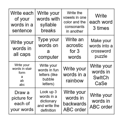 Spelling Bingo Card