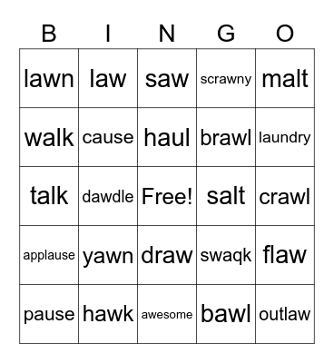 Vowel Team: au, aw, al Bingo Card