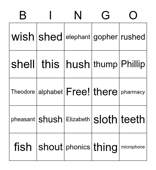 -ng, th, sh Bingo Card