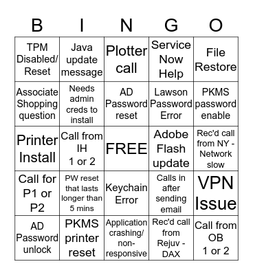 Service Desk BINGO Card