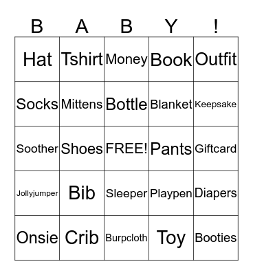 Hayden's baby gift bingo!  Bingo Card
