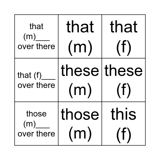 Demonstrative Adjectives Bingo Card