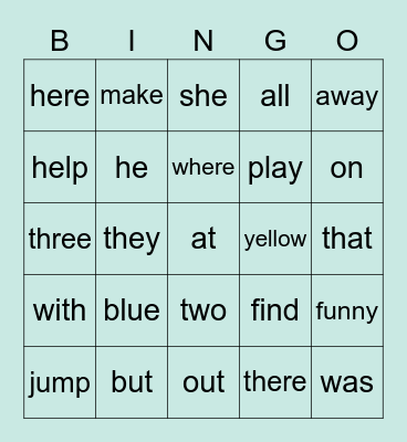 Sight Words Bingo Card