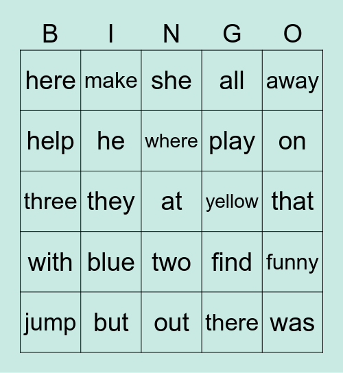 Sight Words Bingo Card