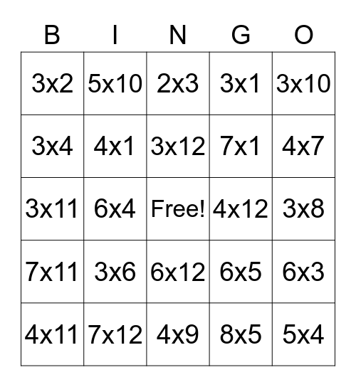 Mulitipliation Bingo Card