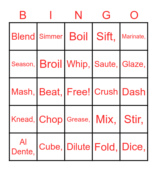 Cooking Lingo Bingo Card