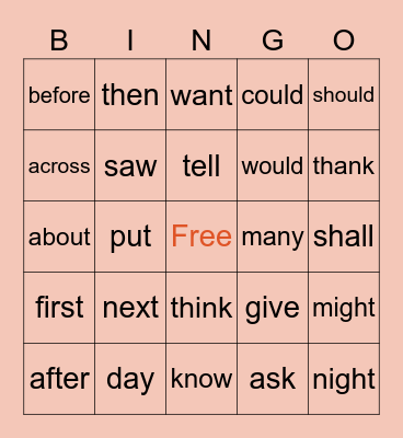 Sight Words Bingo Card