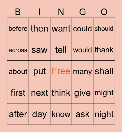 Sight Words Bingo Card