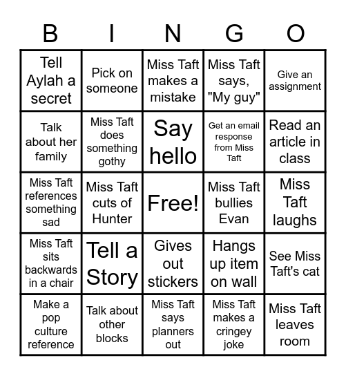 Miss Taft Bingo Card