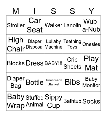 Missy's Baby Shower! Bingo Card