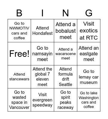 Washington car bingo Card