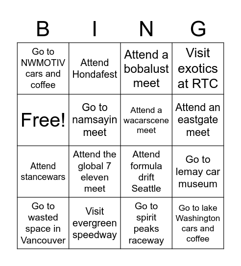 Washington car bingo Card