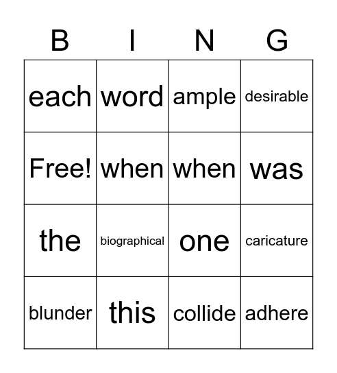 Vocabulary Week 1 Bingo Card