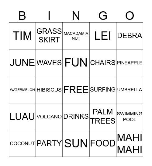 Luau Bingo Card