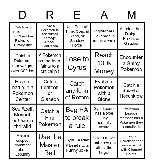 Dream Team Bingo Card