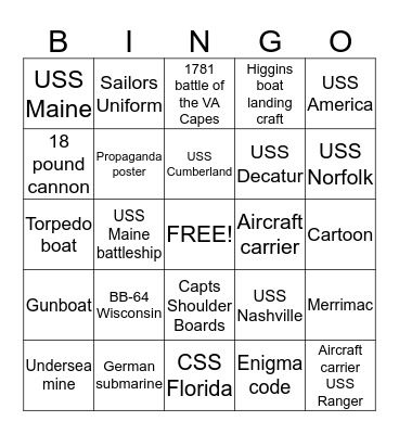Hampton Roads Naval Museum Bingo Card