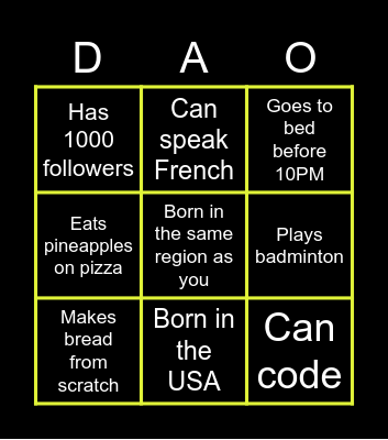 DAO 2022 Virtual Human Bingo Card