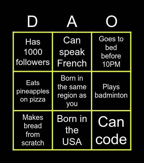 DAO 2022 Virtual Human Bingo Card