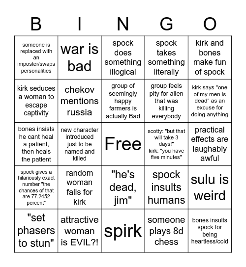 star trek TOS bingo Card