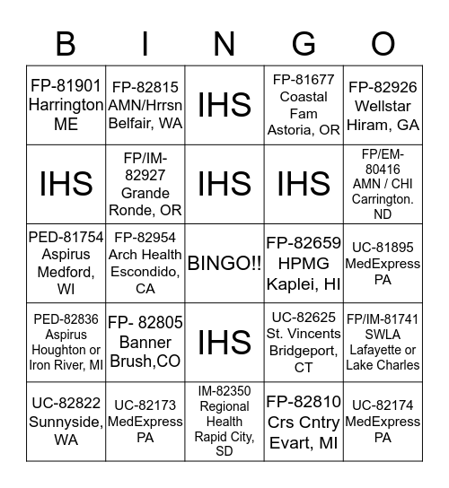 Primary Care Bingo Card