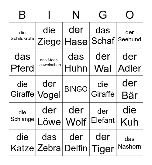 die Tiere Bingo Card