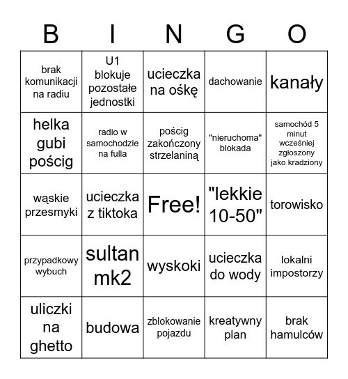 BINGO UCIECZKOWE Bingo Card