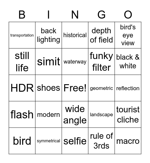 PCI Photography Bingo Card