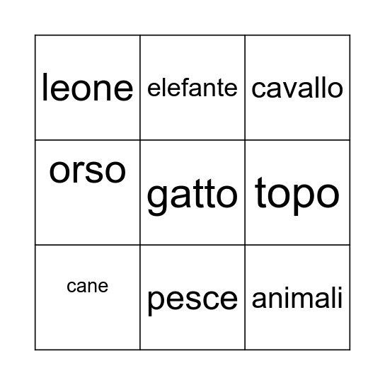 Animali Bingo Card