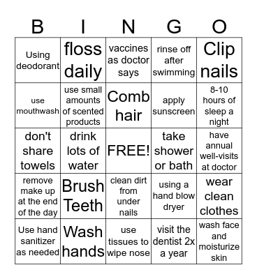 Good health and hygiene Bingo Card