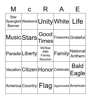 McRae All-American Affair Bingo Card