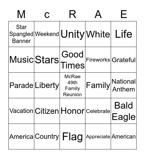 McRae All-American Affair Bingo Card