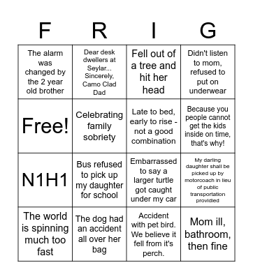 What the Frig?! Bingo Card