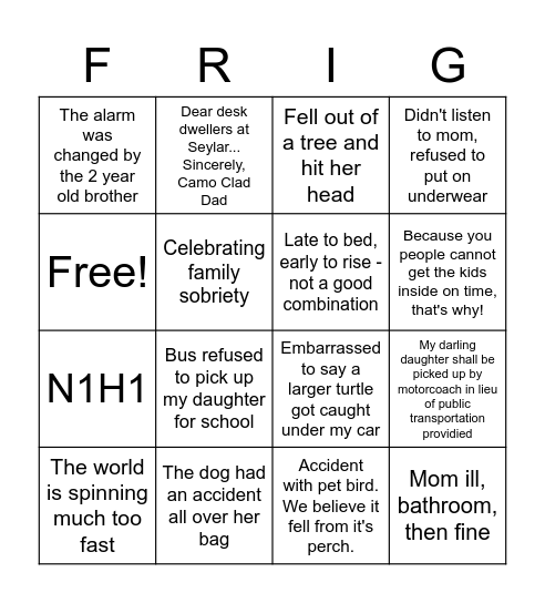 What the Frig?! Bingo Card