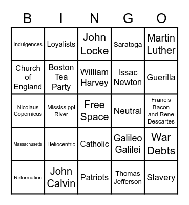 Revolutionary War Bingo Card