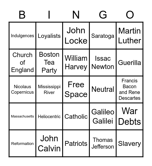 Revolutionary War Bingo Card