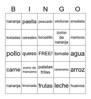 Spanish Food Bingo Card