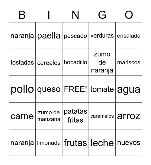 Spanish Food Bingo Card