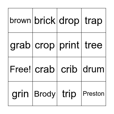 R Blends Bingo Card
