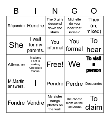 RE Verbs Bingo Card