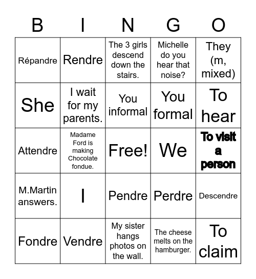 RE Verbs Bingo Card