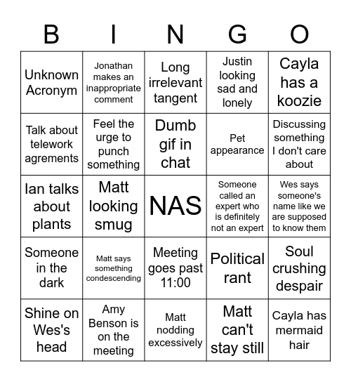 NAS Meeting Bingo Card