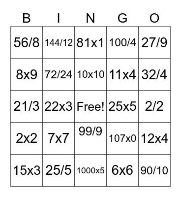 Multiplication and Division Bingo Card