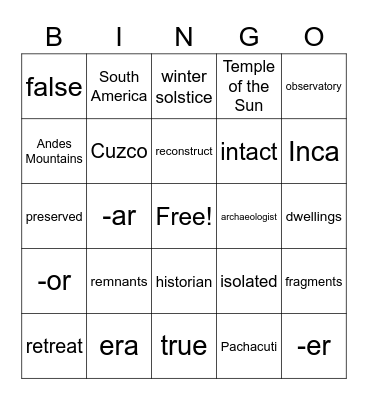 5th Grade Bingo Card