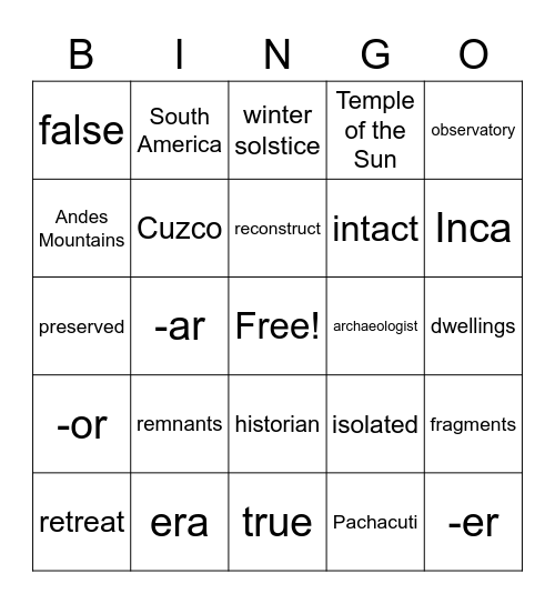 5th Grade Bingo Card