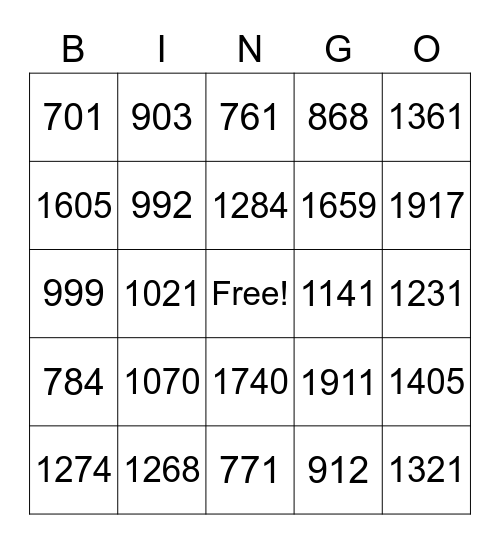 3 digit addition Bingo Card