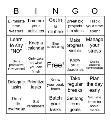 Time Management Bingo Card